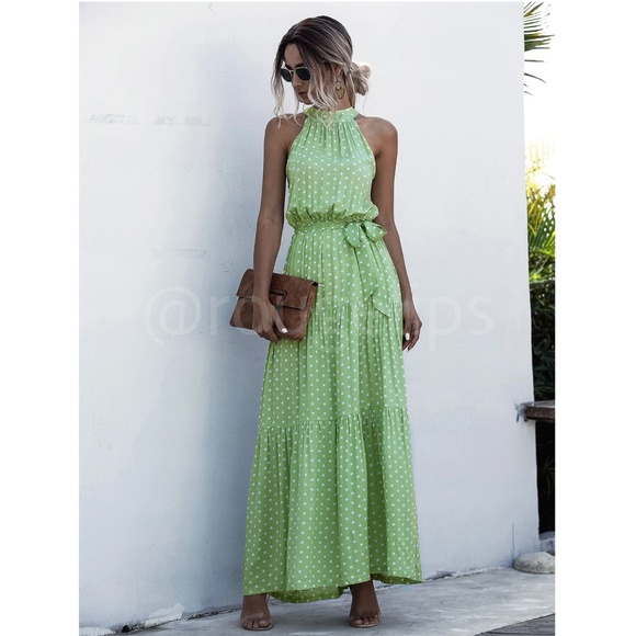 Polka Dot Print Maxi Dress Tie Belt High Neck White Green Long Flared Halter - Picture 3 of 13